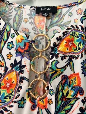 MSK White Multi-Color Paisley Top with Gold Ring Accent